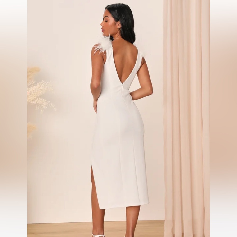 NWT Lulus Posh Presence Feather Bodycon Midi Dress